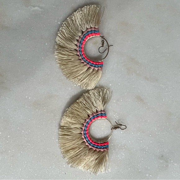 Cream String/Tassel Hoop Earrings w/ Pink & Blue Accents - Picture 7 of 7
